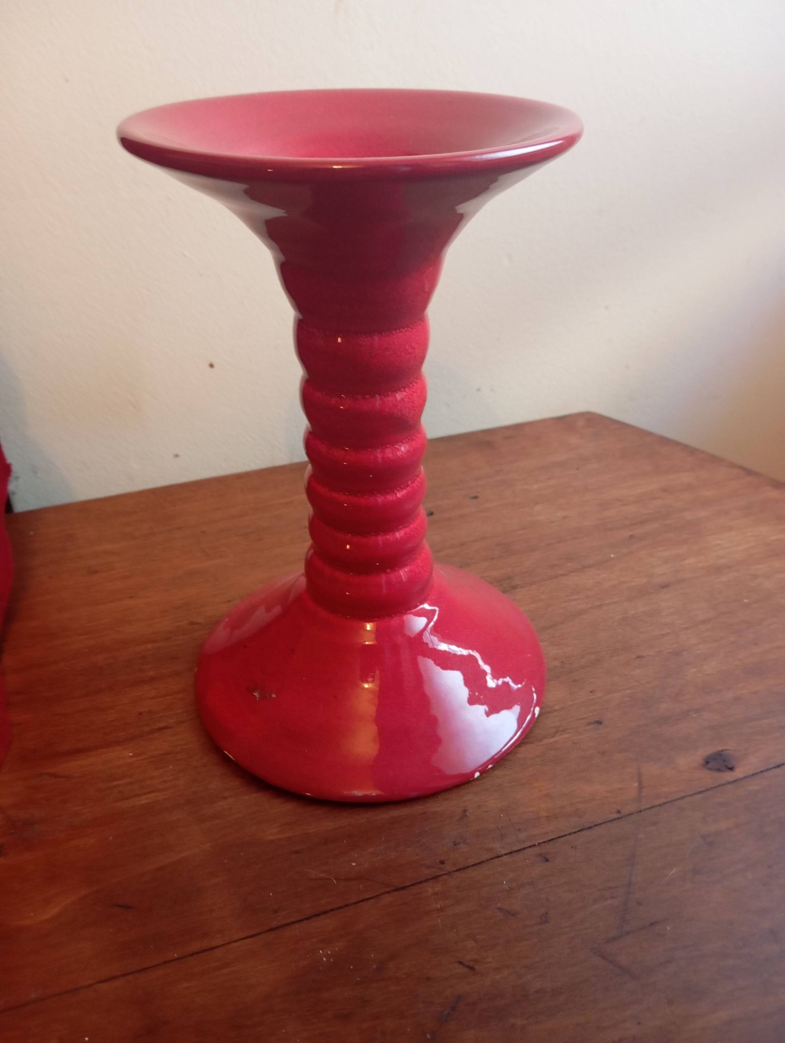 Bougeoir ceramique rouge carmin vintage design annee 60/70