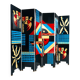 Room divider in art deco style with birds, geometric patterns, red, yellow, blue