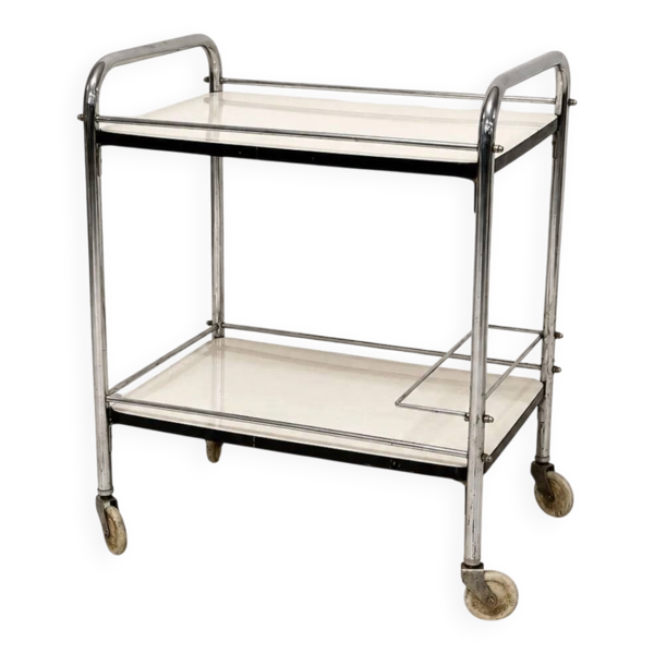 Chariot de bar vintage en chrome avec étagères en Formica blanc