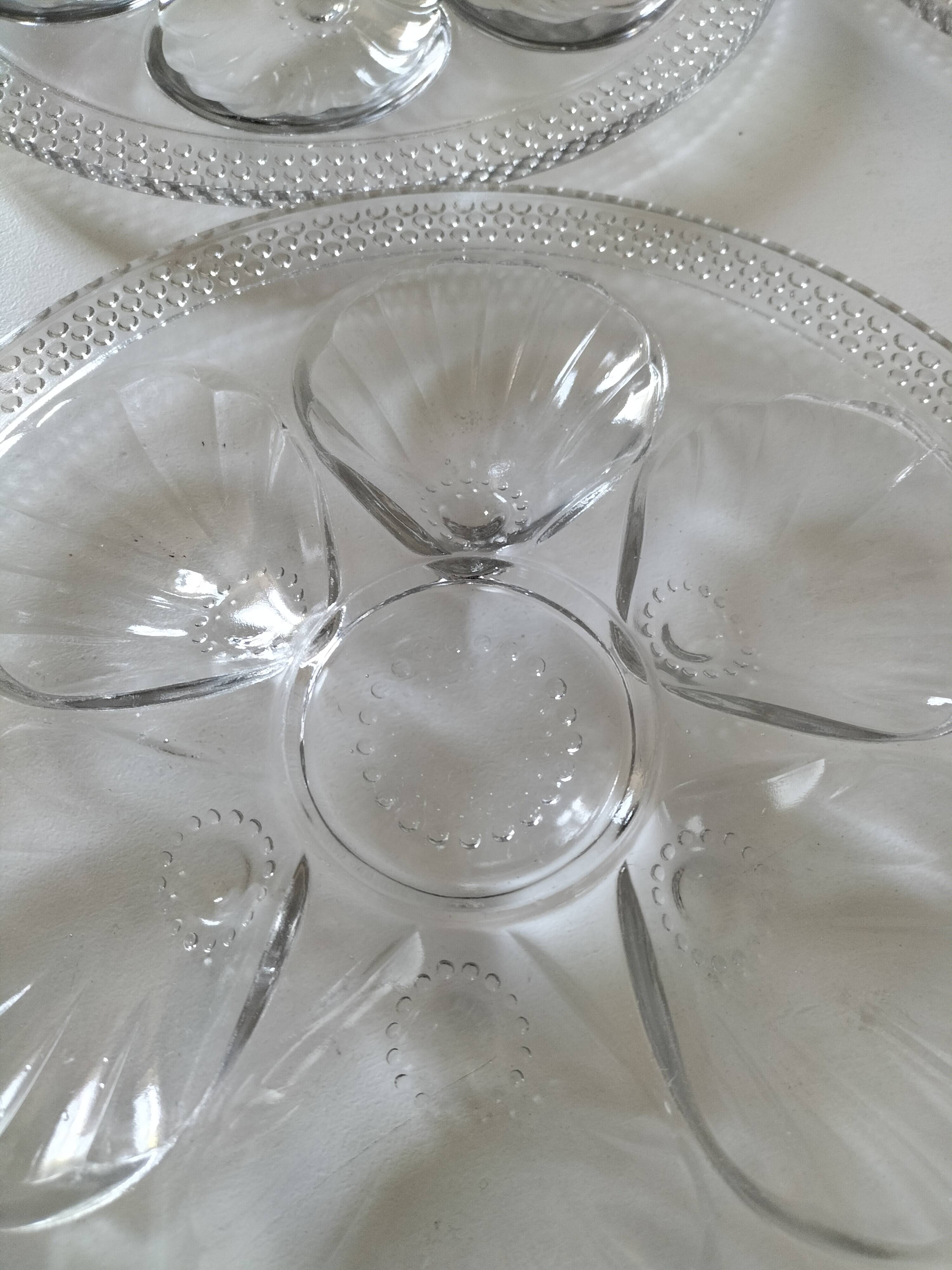 Set of 4 vintage hobnail pressed glass oyster plates