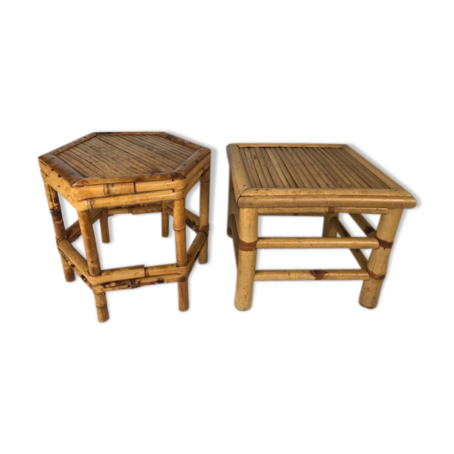 Square and exagonal bamboo stools, vintage