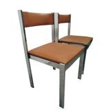 Pair of vintage chrome metal & brown imitation leather chairs (70s)