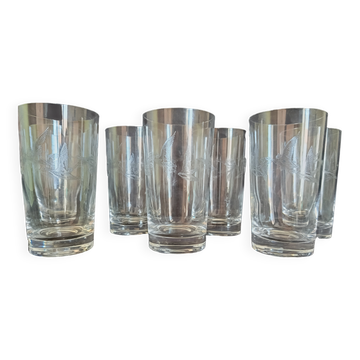 Set of 9 glasses (for whisky or other) in engraved crystal featuring a "Flight of Ducks".