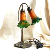Art nouveau style brass table lamp with 2 lampshades, living room lamp.