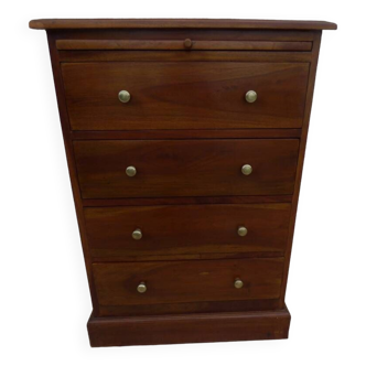 Old-fashioned chest of drawers with 4 drawers and its wooden shelf with brass buttons