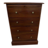 Old-fashioned chest of drawers with 4 drawers and its wooden shelf with brass buttons