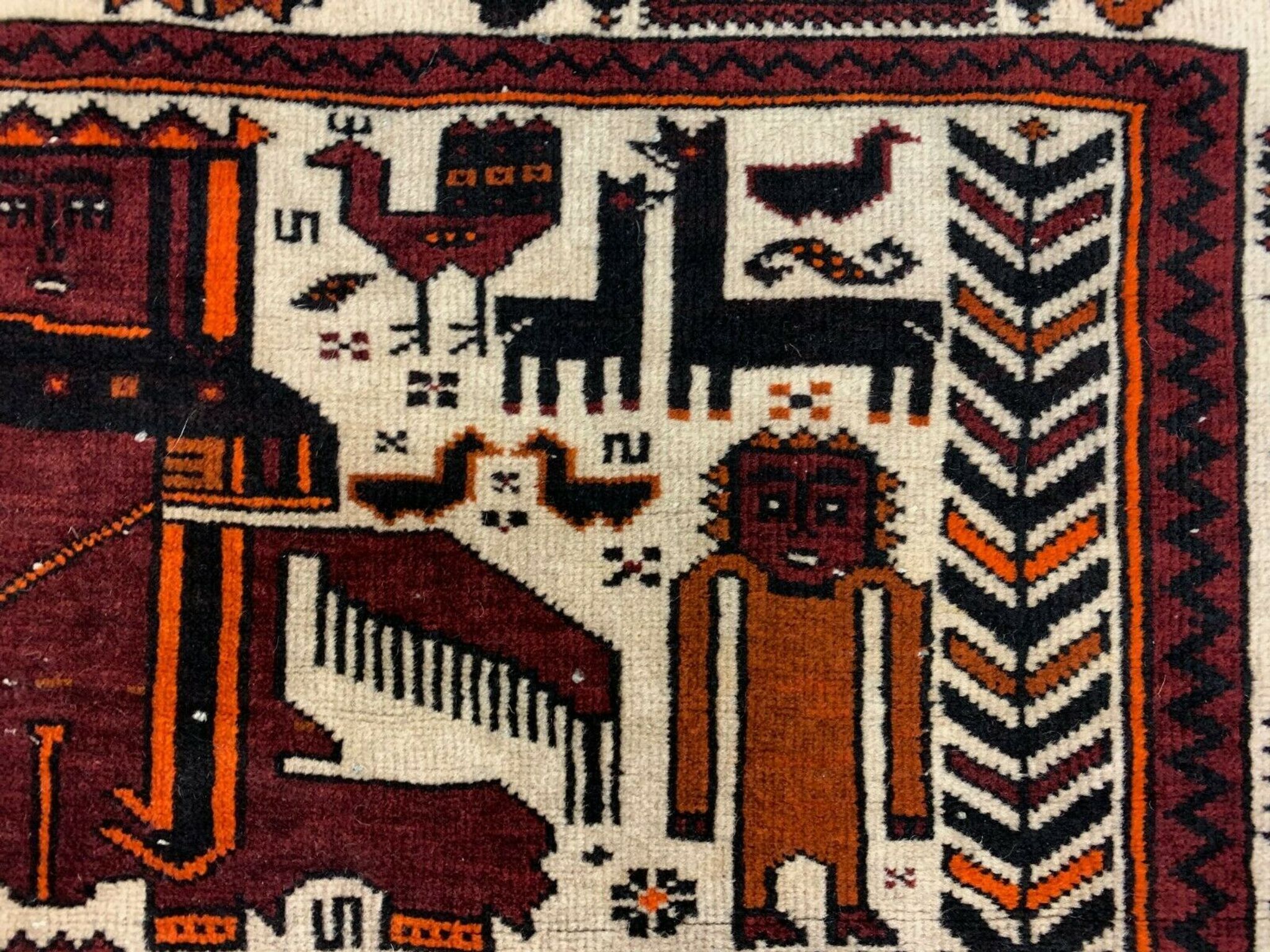 Vintage Tribal Lion Rug 204x110 cm, Old Tribal Wool Carpet, Black, Red Cream