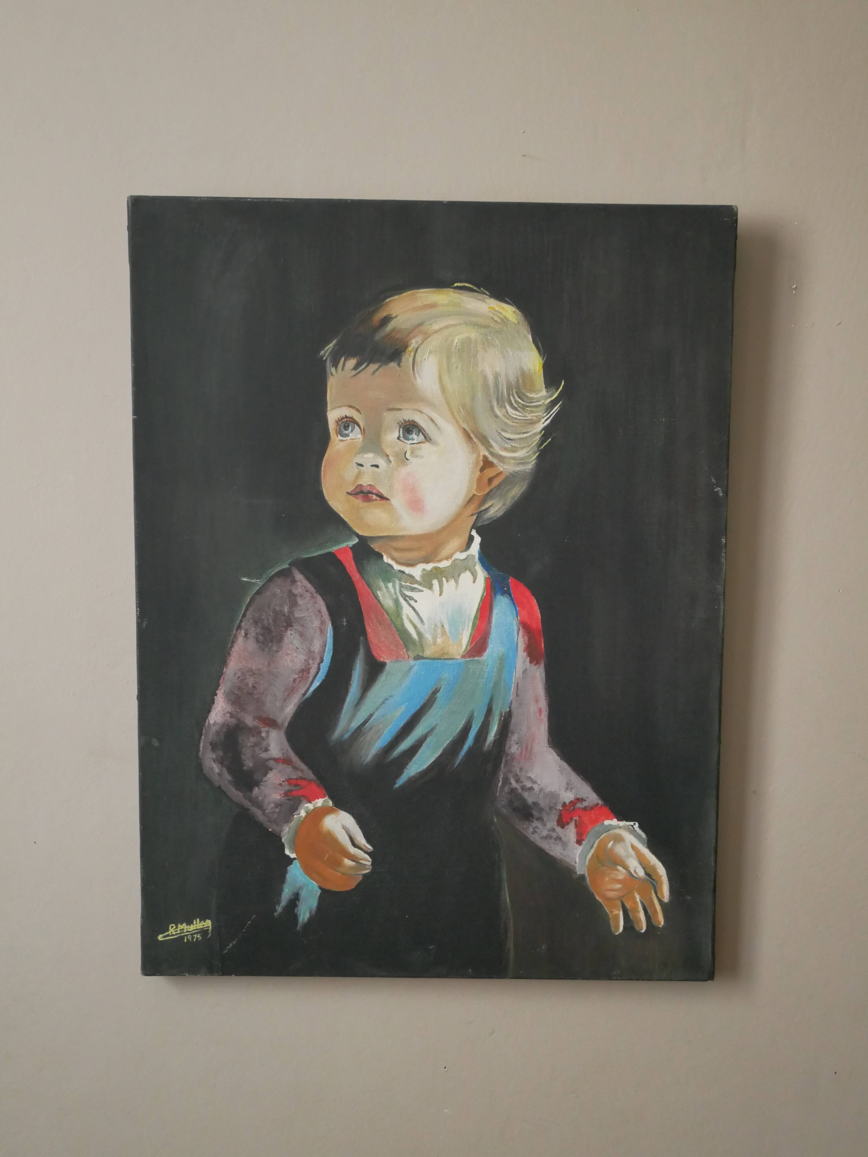 Acrylic painting portrait on canvas child vintage year 75 signed