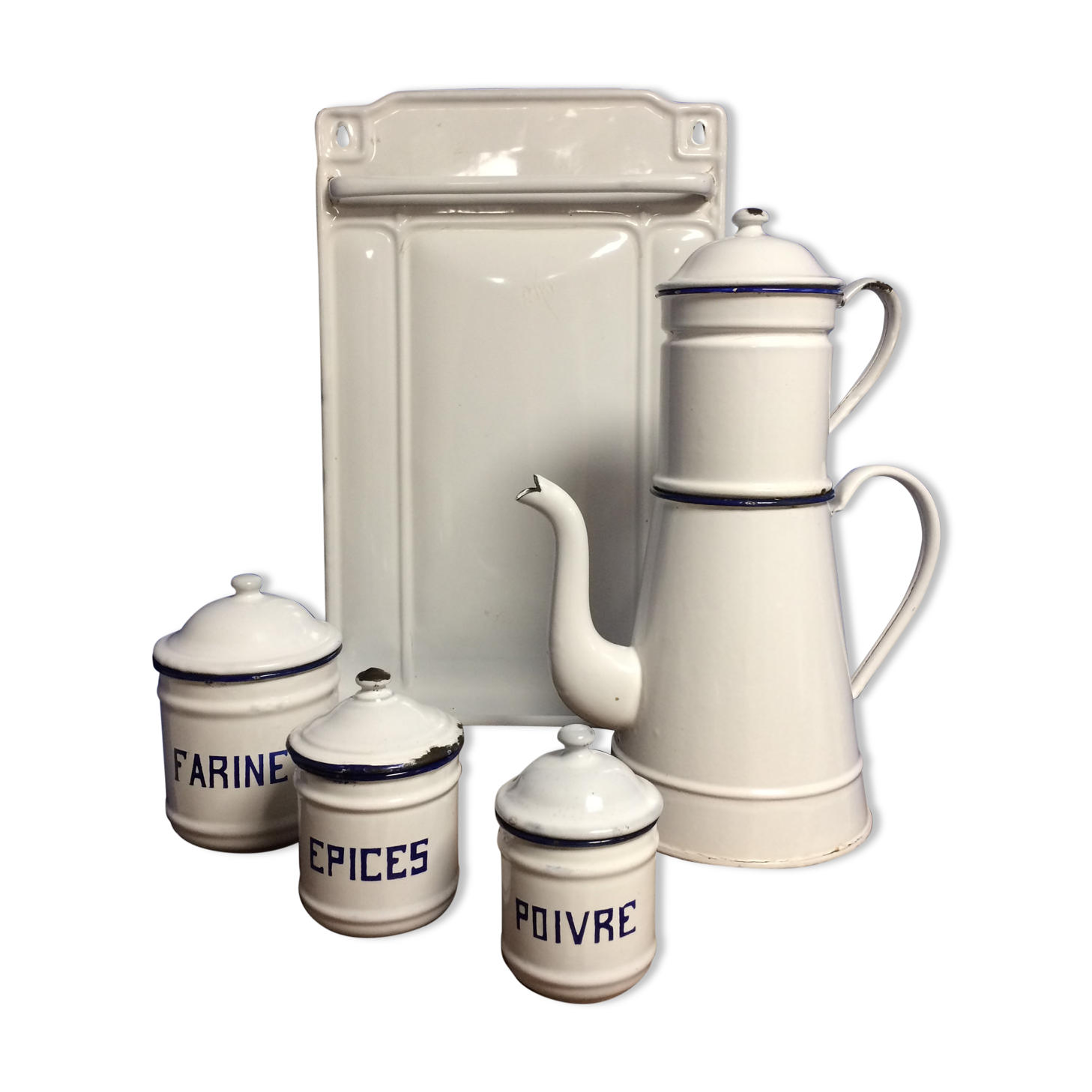 Enamelled kitchen coffee maker, ladle holder, spice jars set
