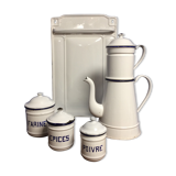 Enamelled kitchen coffee maker, ladle holder, spice jars set