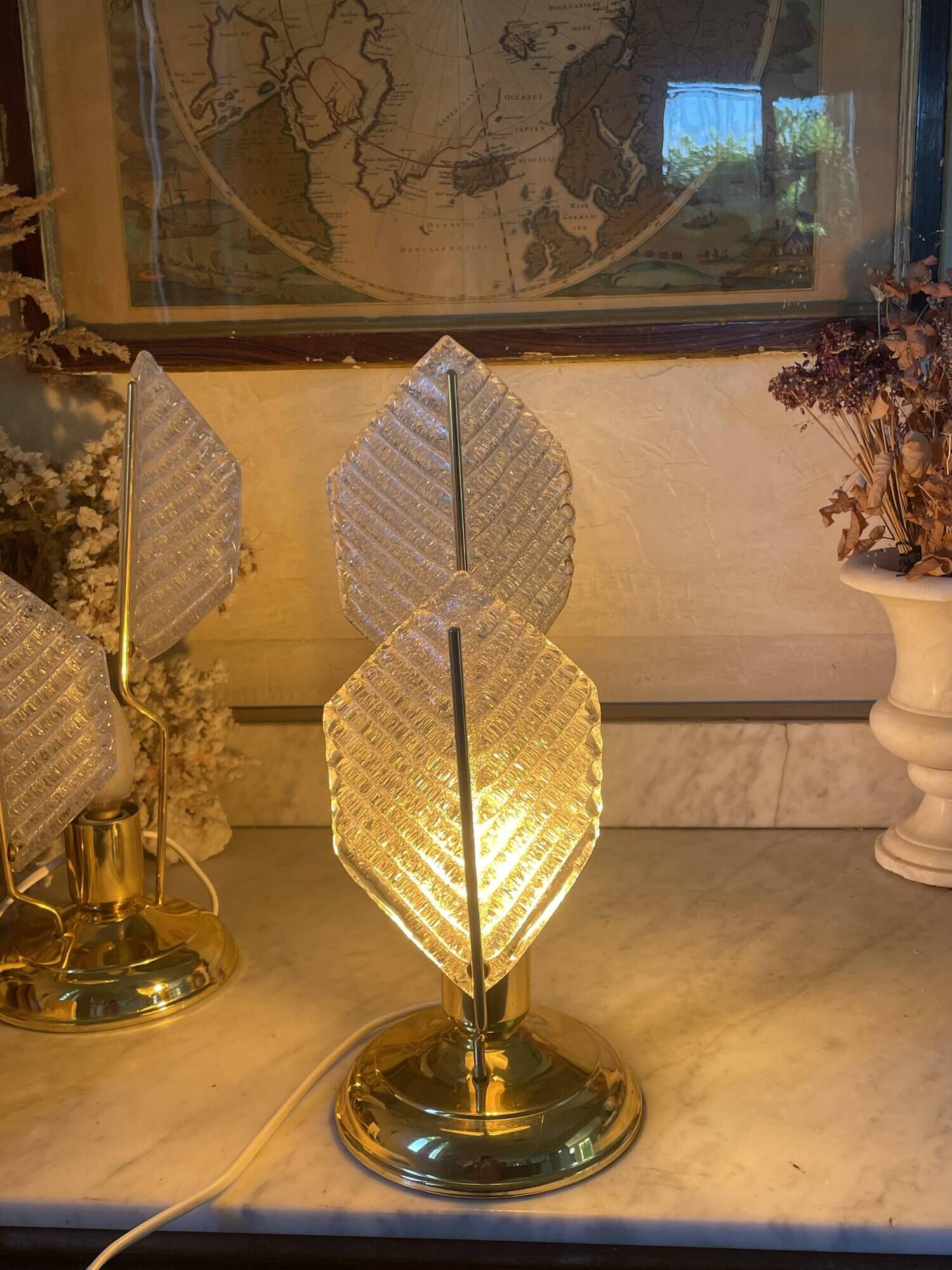 Paire de lampes métal doré et verre texturé, Mirasluz, 70’s