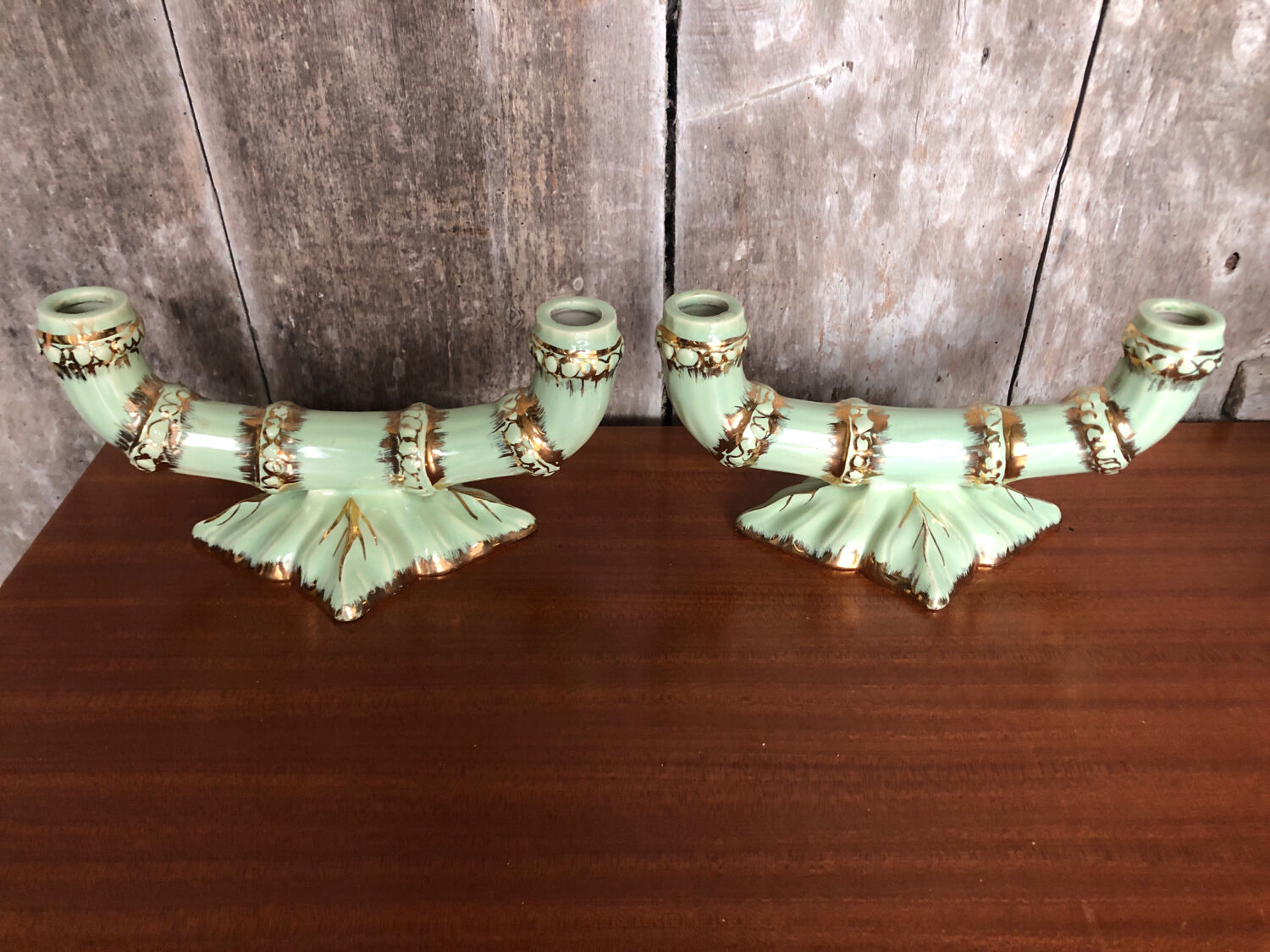 Old pair of double ceramic candlesticks green & gold vintage #A270