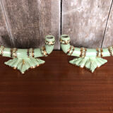 Old pair of double ceramic candlesticks green & gold vintage #A270