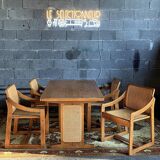 Scandinavian style table and 4 chairs set in teak, cane and oak - 70/80