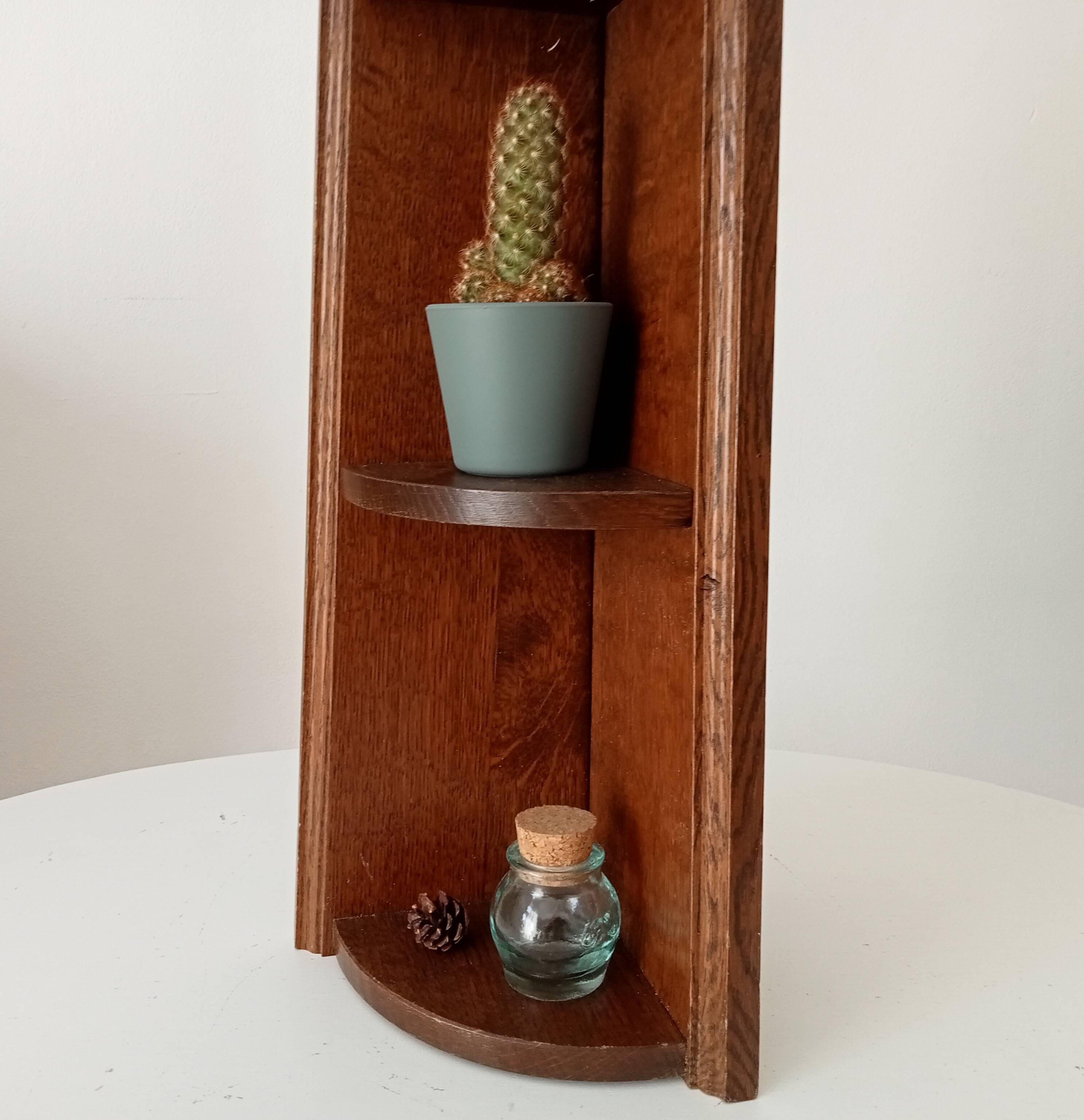Vintage corner wall shelf in solid oak