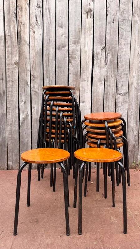 Vintage black wooden and metal stool, 1970s.