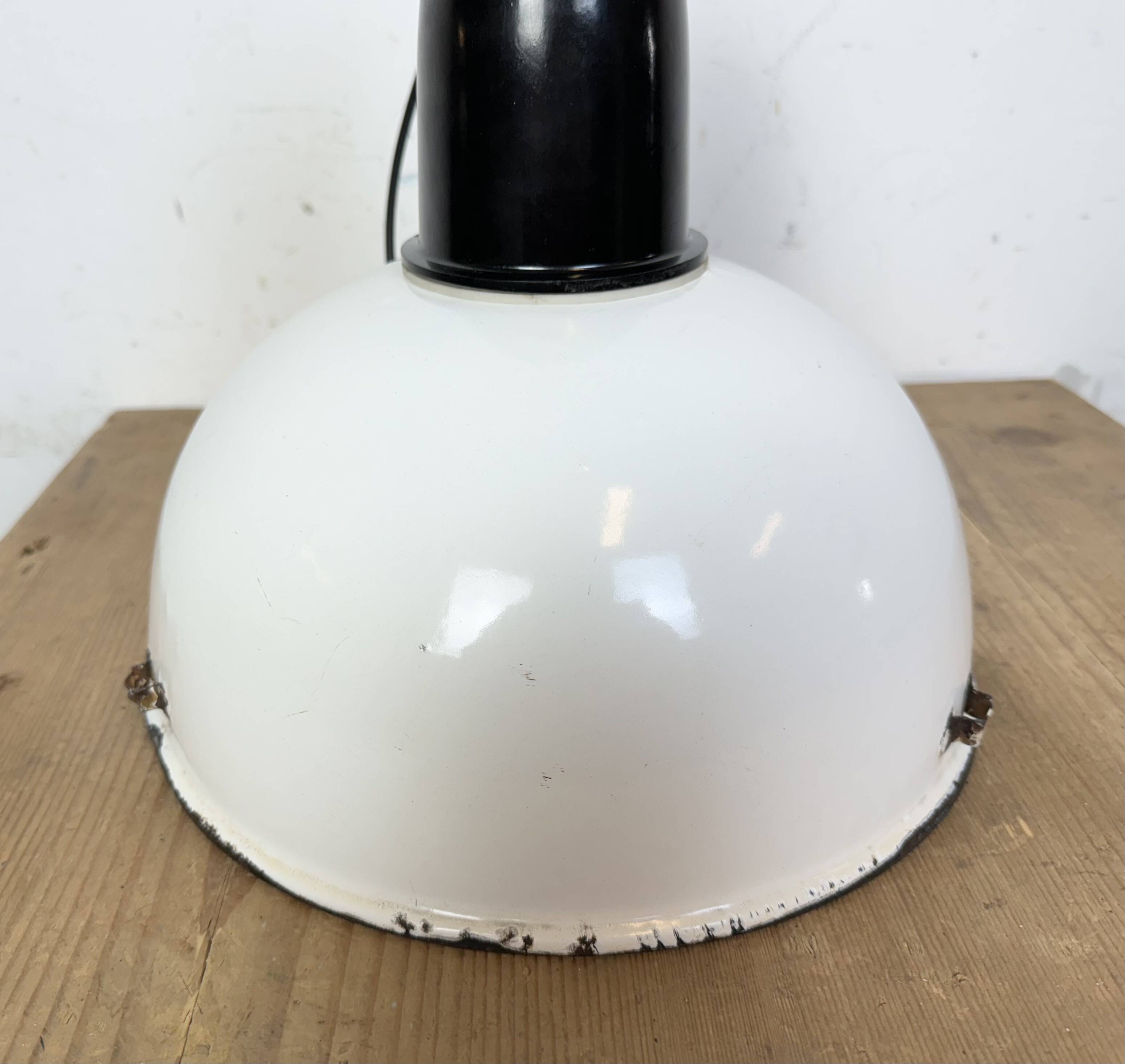 Industrial soviet white enamel pendant lamp, 1960s