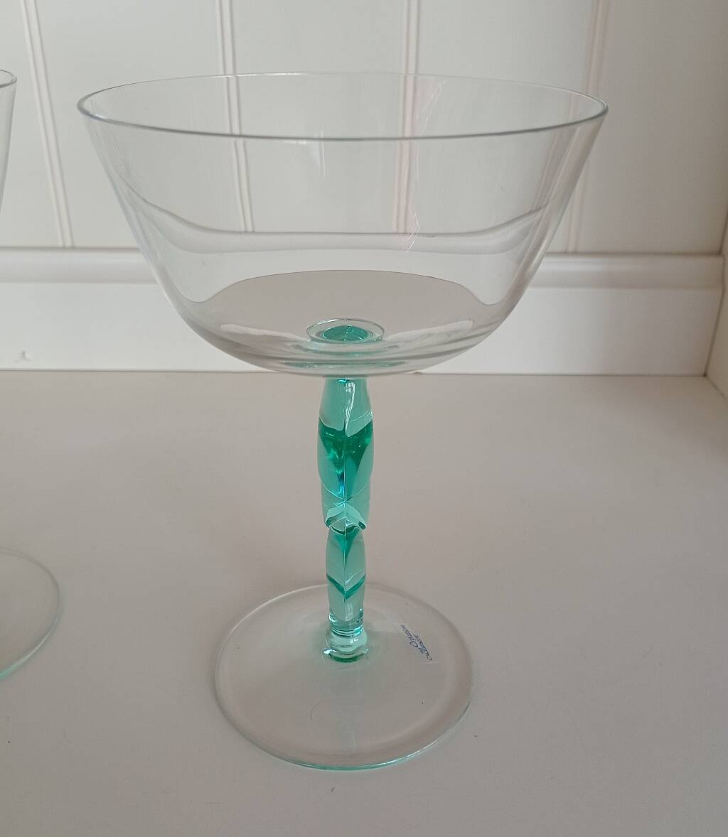 Pair of Vintage Postmodern Crystal Champagne Coupes with Organic Aqua Stems