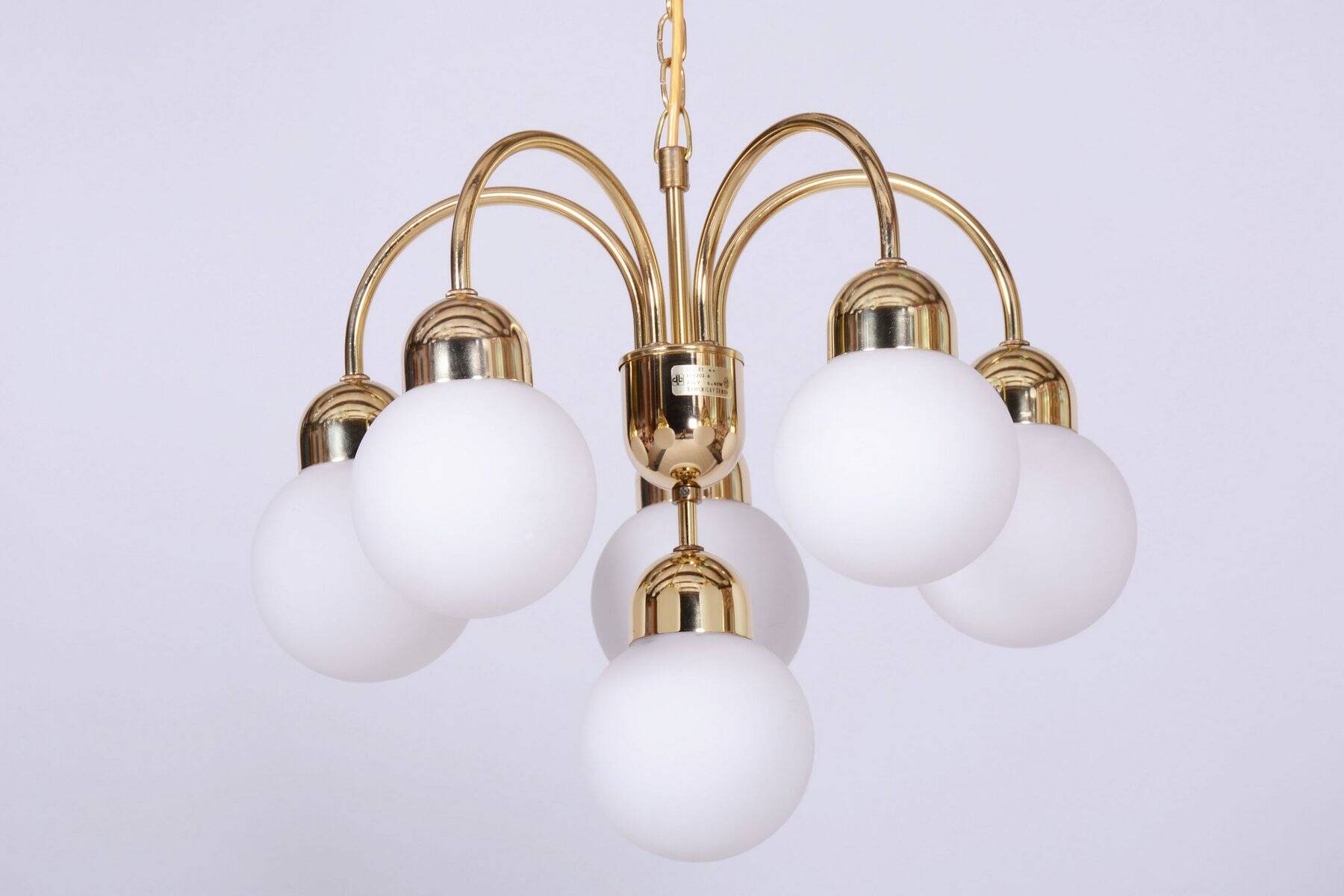 Mid-Century Chandelier in Brass and Opaline Glass, Czech, 1950s