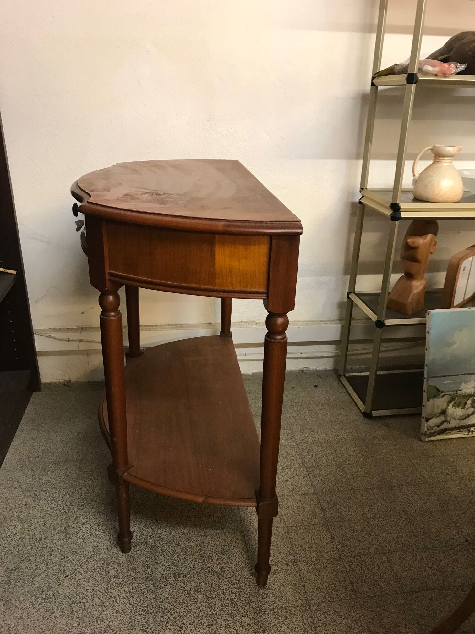 Cherry half-moon console with drawer and bottom shelf