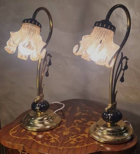 Pair of ceramic and brass lamps in art nouveau style