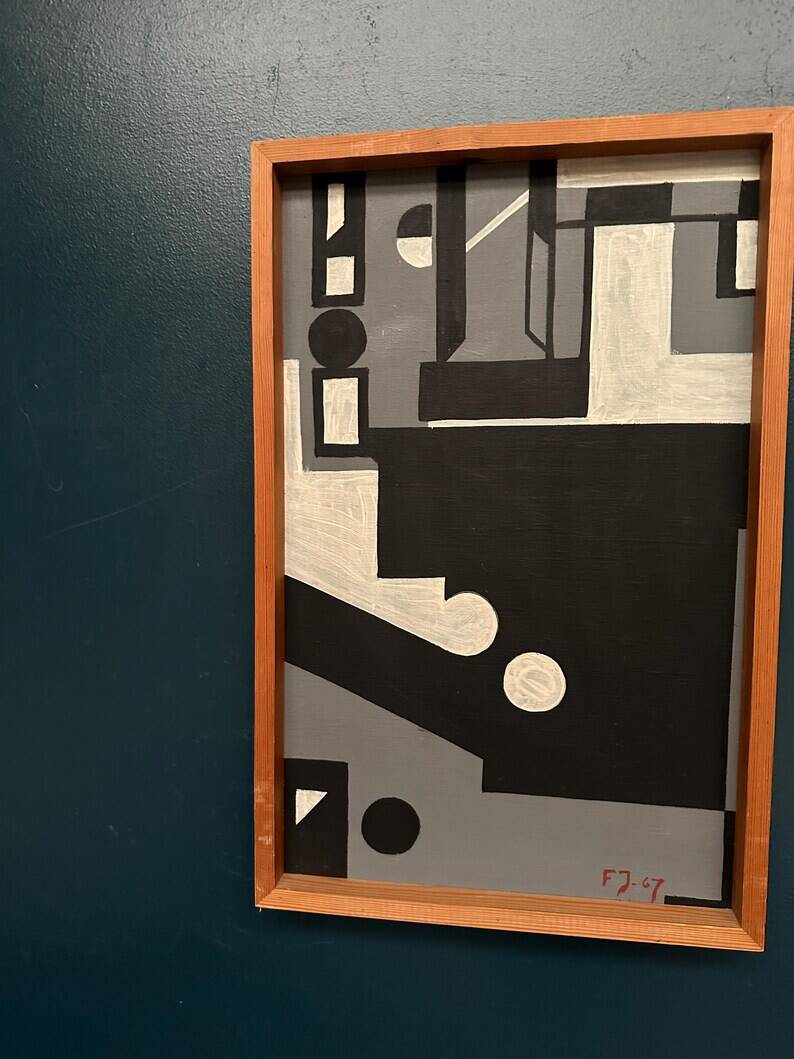 Original Danish Oil on Canvas – “Cultural Revolution in the Passerenden” by Finn Johansen 1967 – Vintage & Framed – 56.5×36.5cm (22.2" × 14.4")