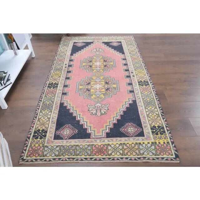 1970s Turkish Oushak Handmade Wool Cotton Pink Area Rug 114x212