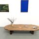XXL oval coffee table in solid oak, cylindrical base, 1950s.