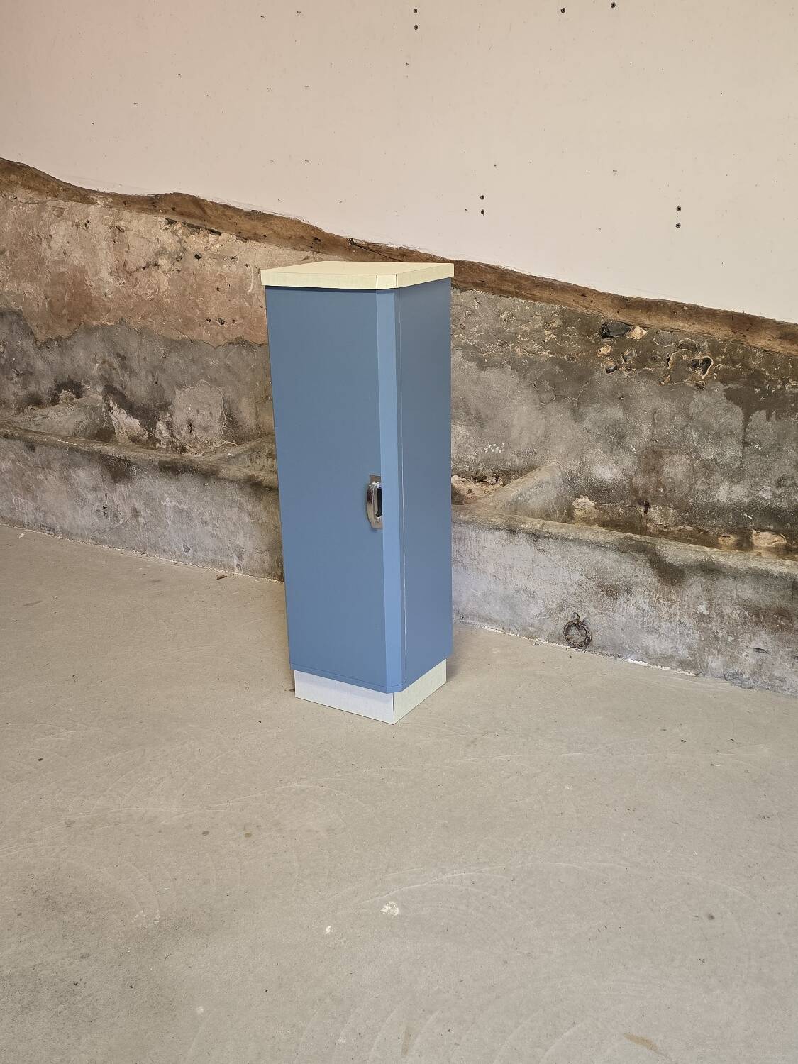 Small Mado 1960 kitchen column unit in yellow formica restyled in blue