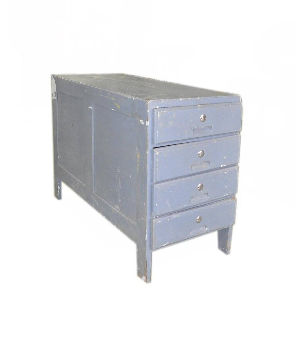 Commode vintage grise en pin peint, années 1950, style industriel, 4 tiroirs