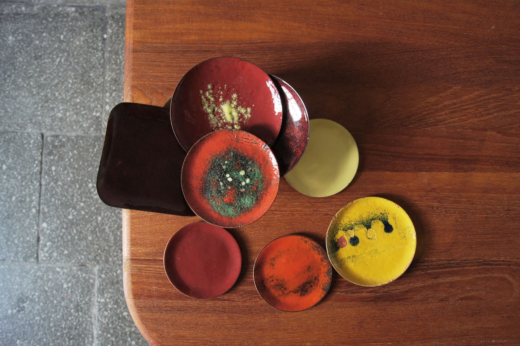 Vintage Brass & Enameled Plates, Set of 9