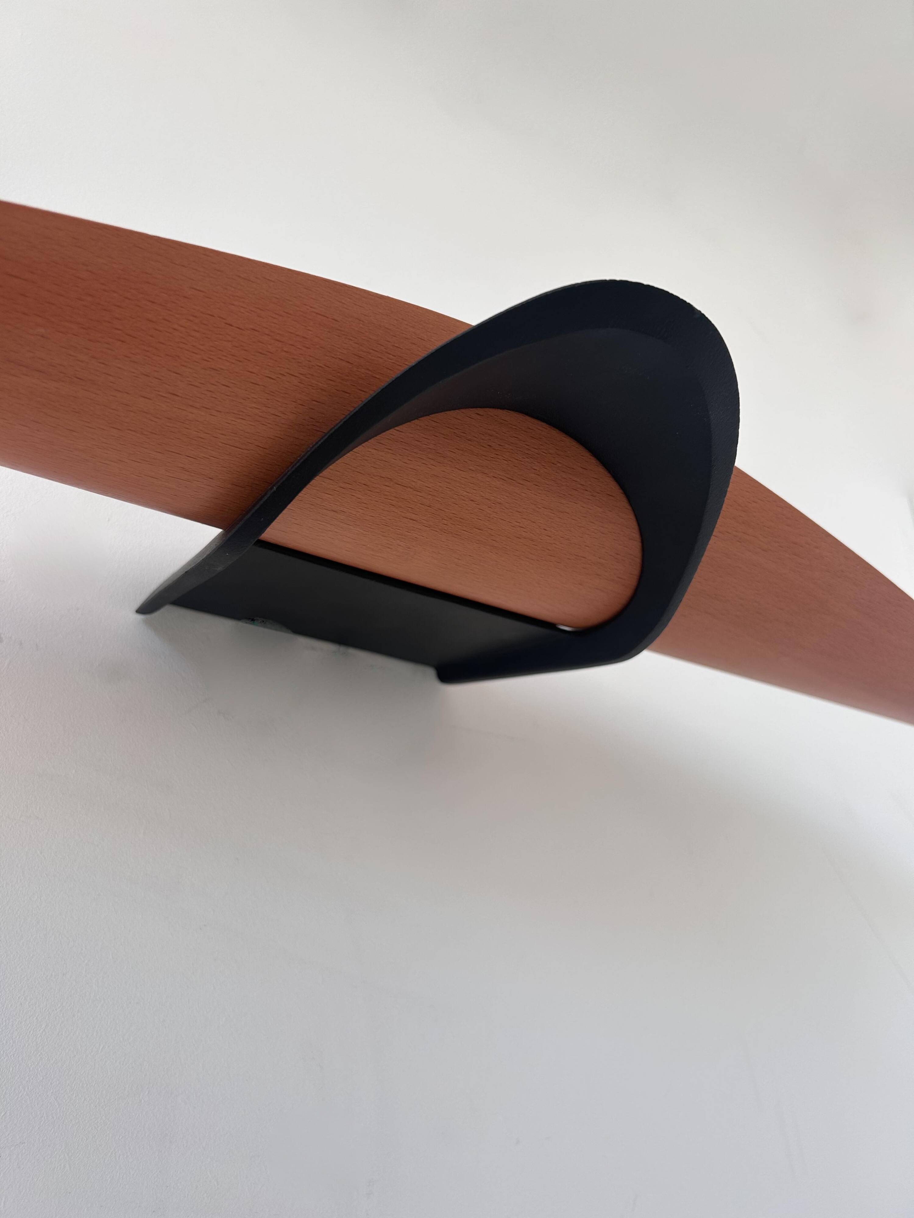 Vintage modernist wall lamp, black lacquered metal and wood, France 1980s