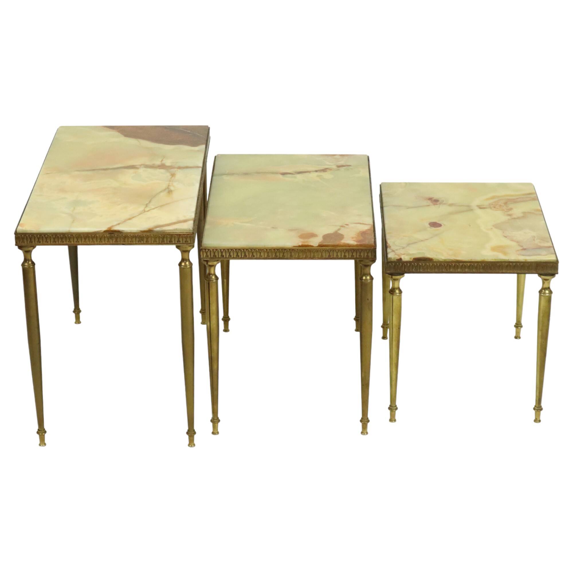 Set of 3 Nesting Tables Onyx Marble Copper Frame 1950s France
