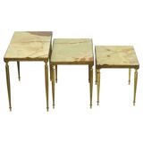Set of 3 Nesting Tables Onyx Marble Copper Frame 1950s France