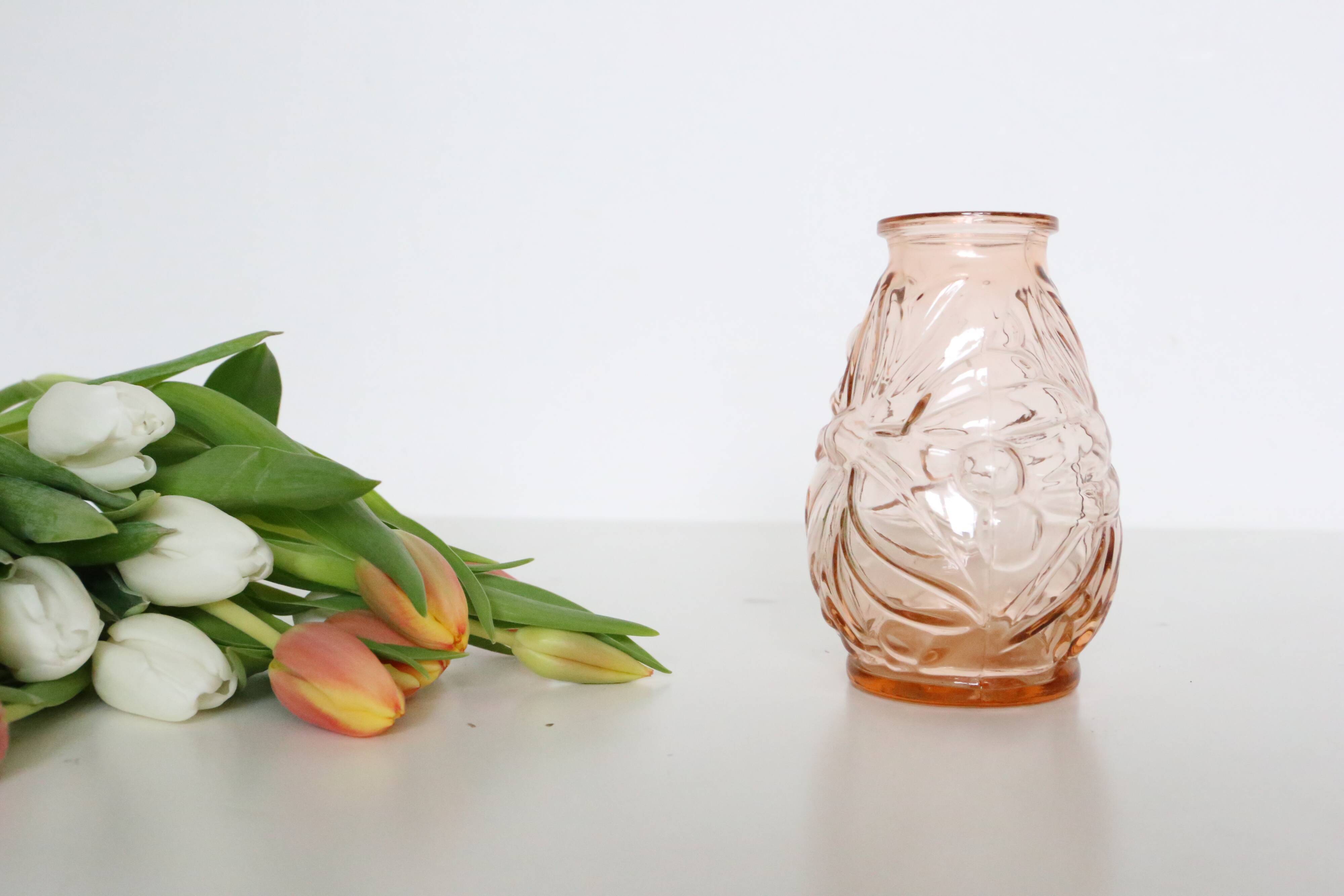 Old pink glass vase, molded glass, vintage French