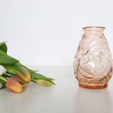 Old pink glass vase, molded glass, vintage French