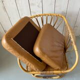 Pair of leather and bamboo armchairs