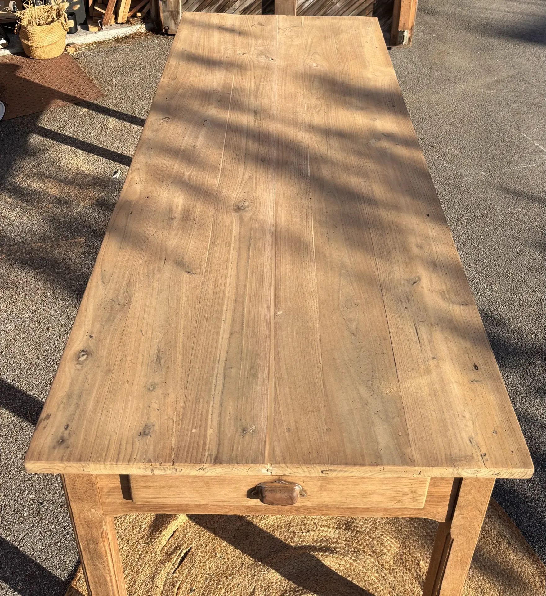 Large antique farmhouse table in solid raw oak with 1 drawer - 2m