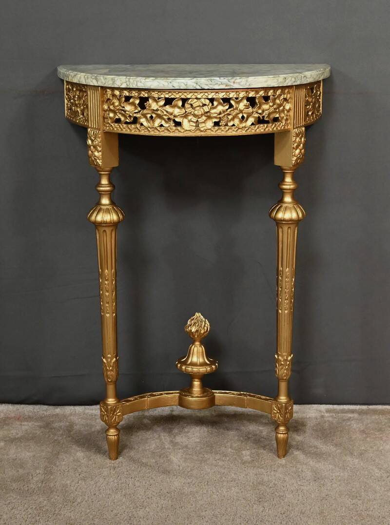 Small Half-Moon Console in Marble and Gilded Wood, Louis XVI Style – 20th Century