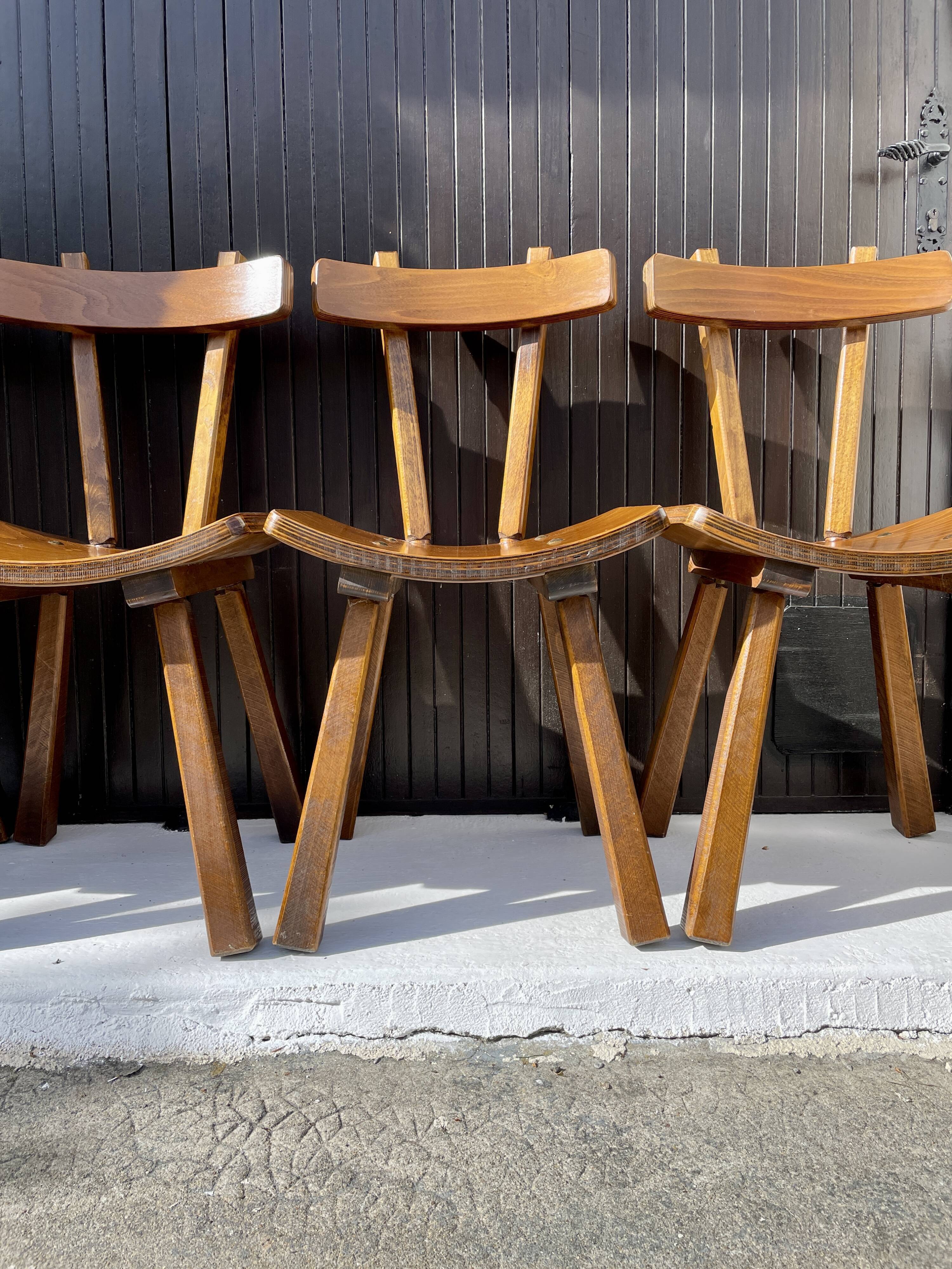 Set of 6 vintage chairs "Brutalist" in elm, 1950
