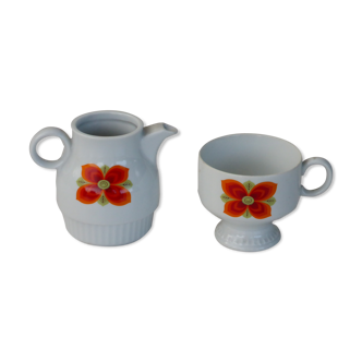 Tasse et tisaniere en porcelaine blanche avec fleurs oranges, Bareuther vintage 1970