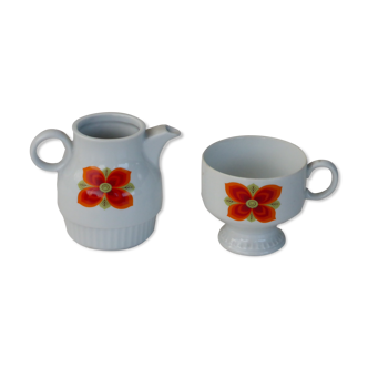 White porcelain cup and Tisaniere with orange flowers, vintage Bareuther 1970