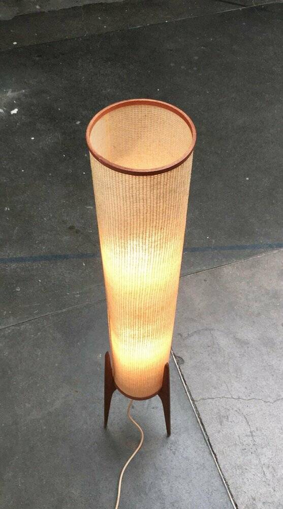 Mid-century tripod rocket floor lamp in teak, 1960s.