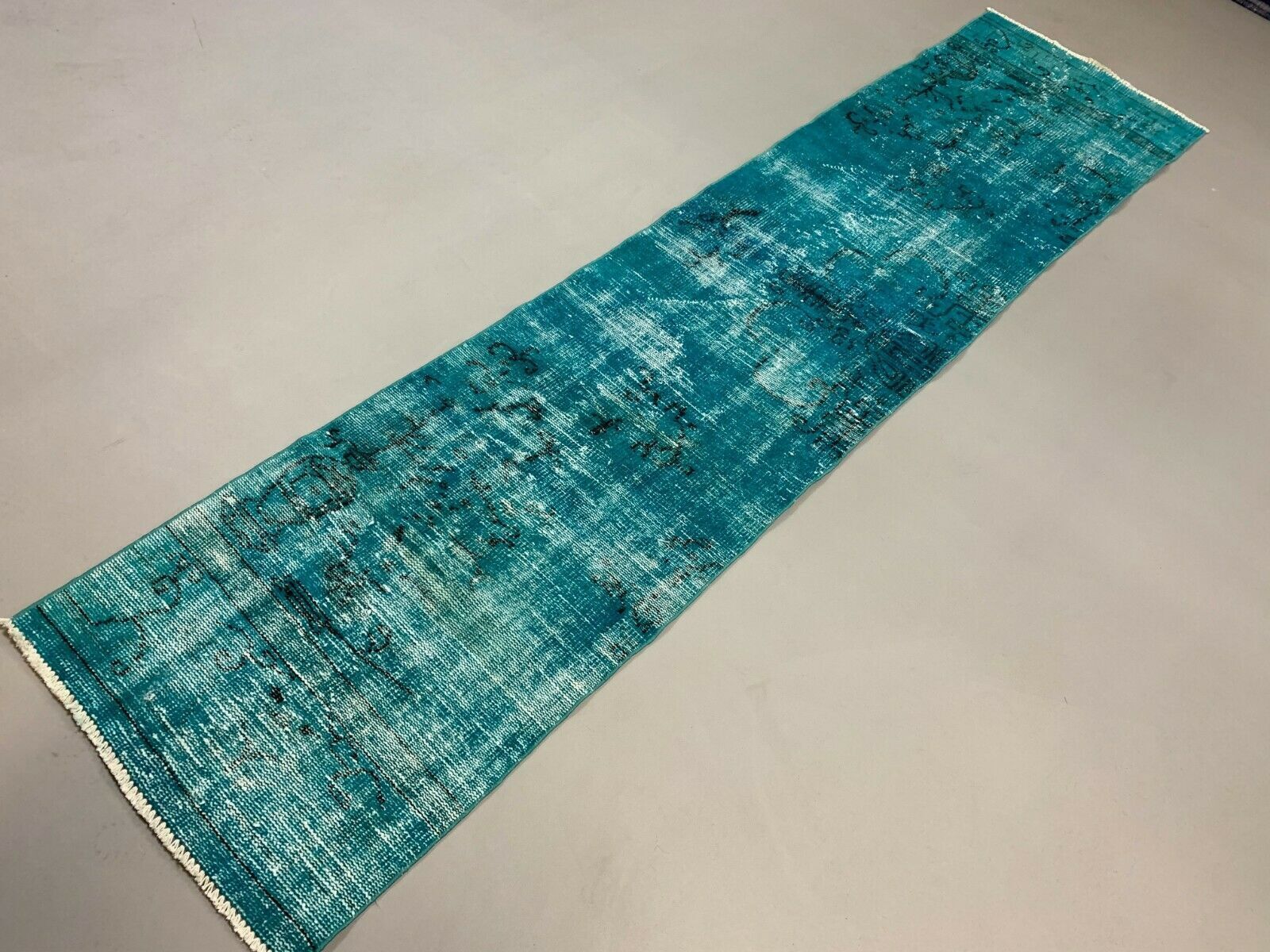 Distressed Turkish Runner 303x69 cm wool Vintage rug, Overdyed Blue