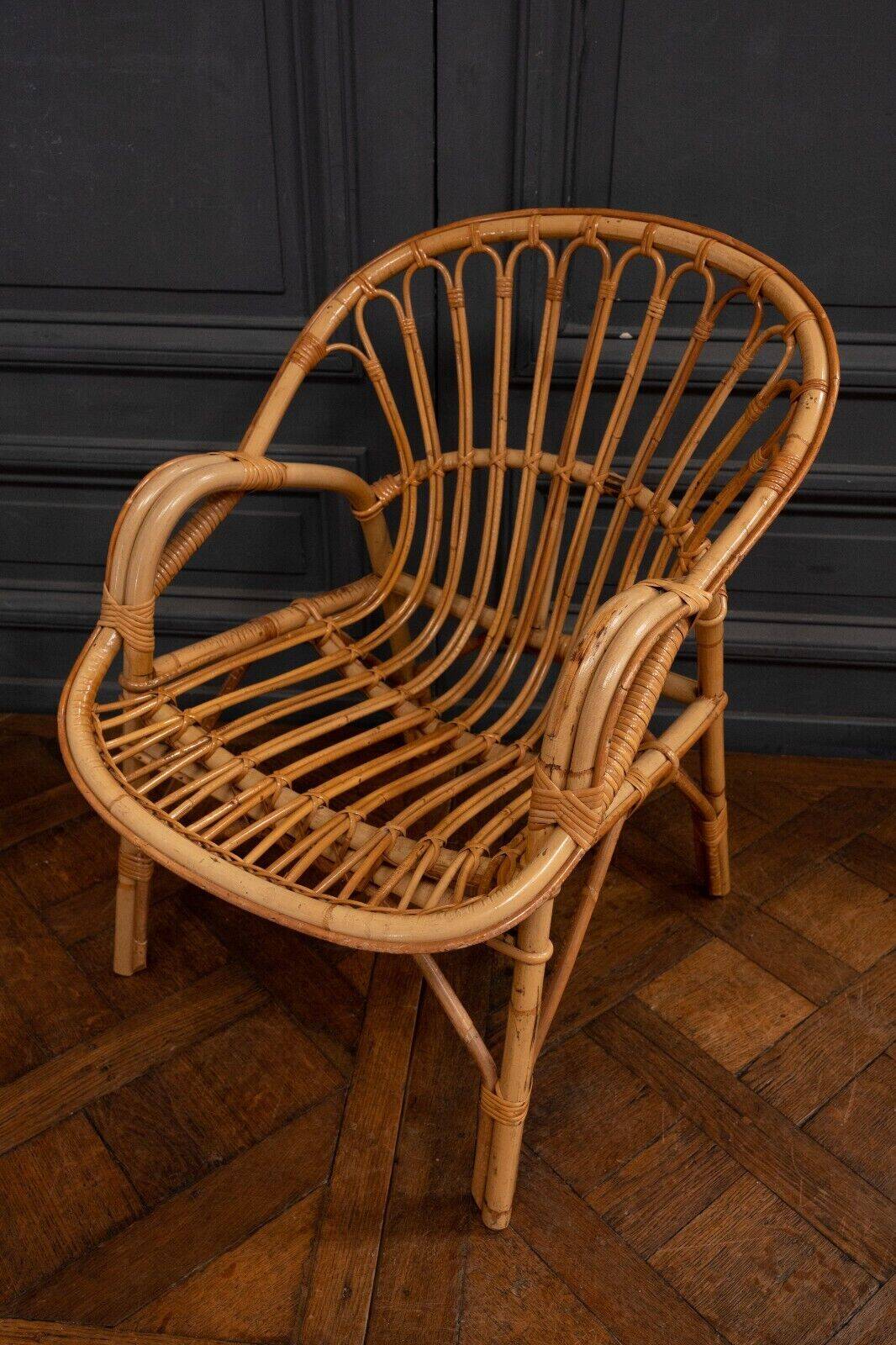 Suite of three rattan armchairs 1960 with original patina