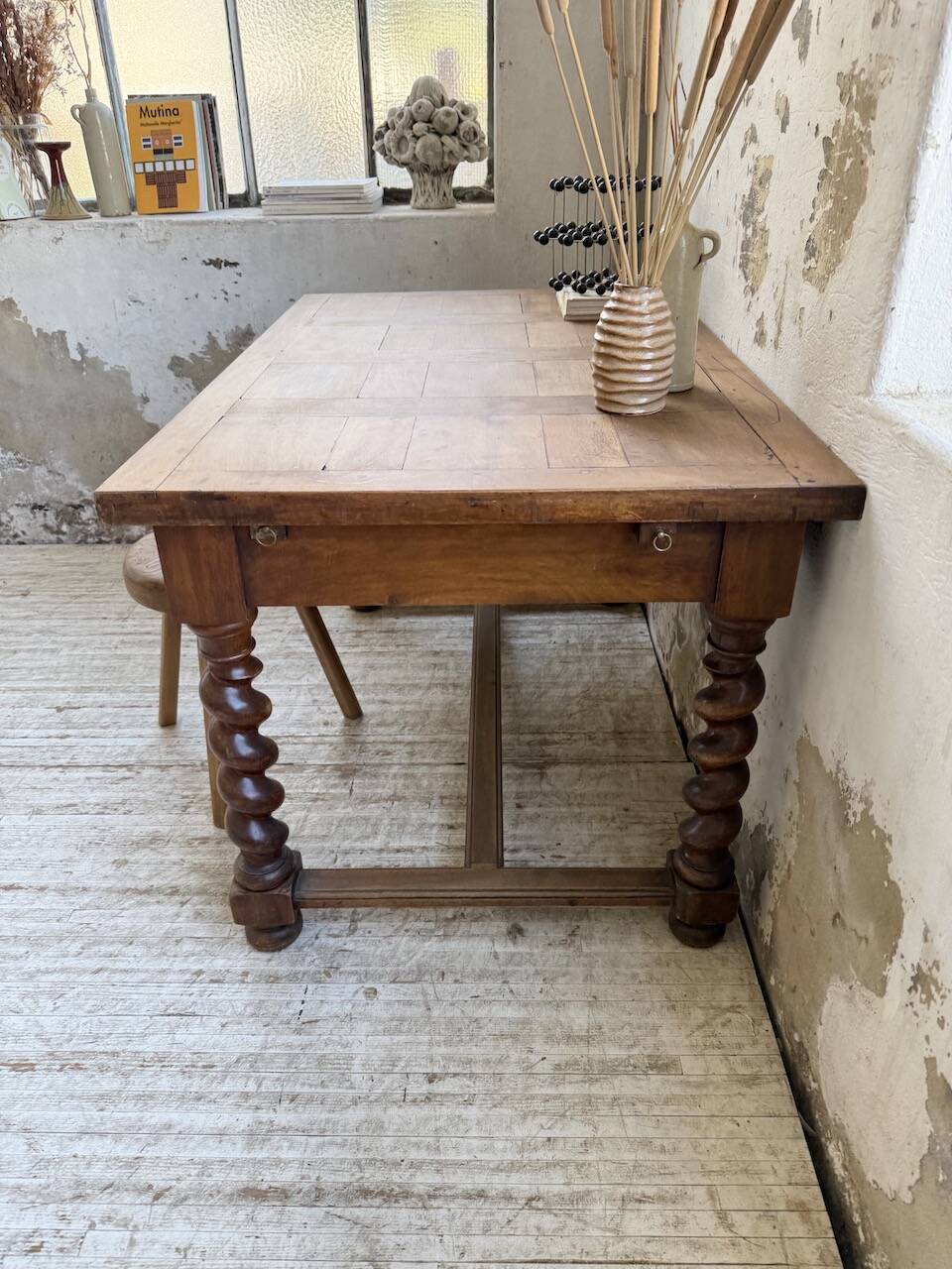 Paneled walnut desk with turned legs, 1900