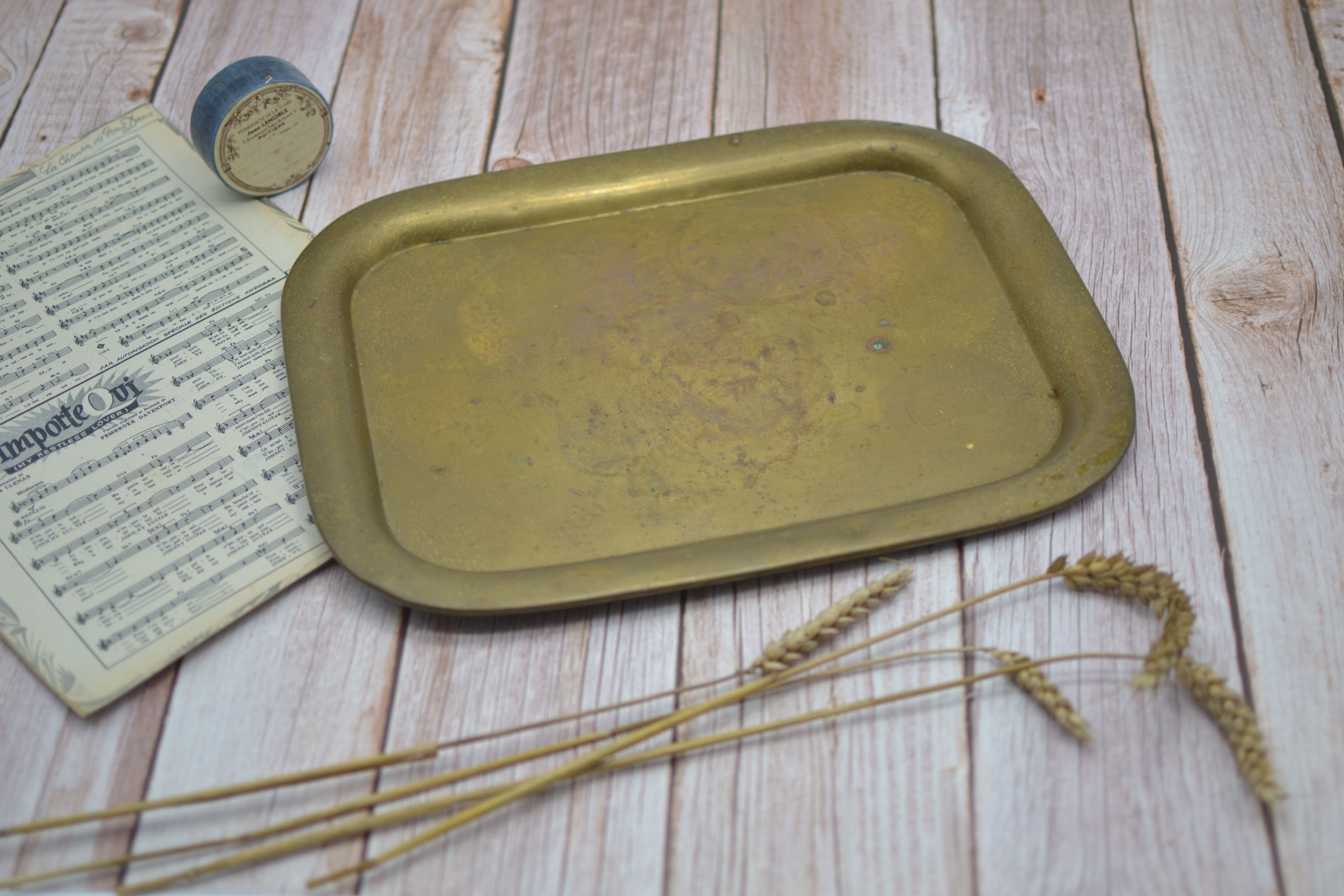 Vintage golden brass serving tray