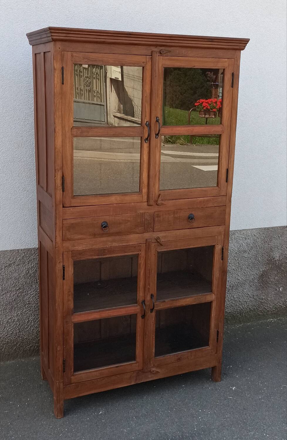 Antique teak cabinet with two drawers and four doors
