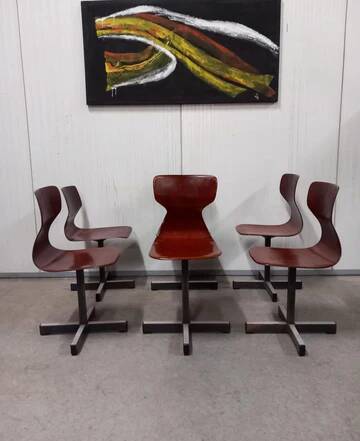 Set of 6 mid-century modern Pagholz chairs, moulded plywood seats, steel base, 1960s
