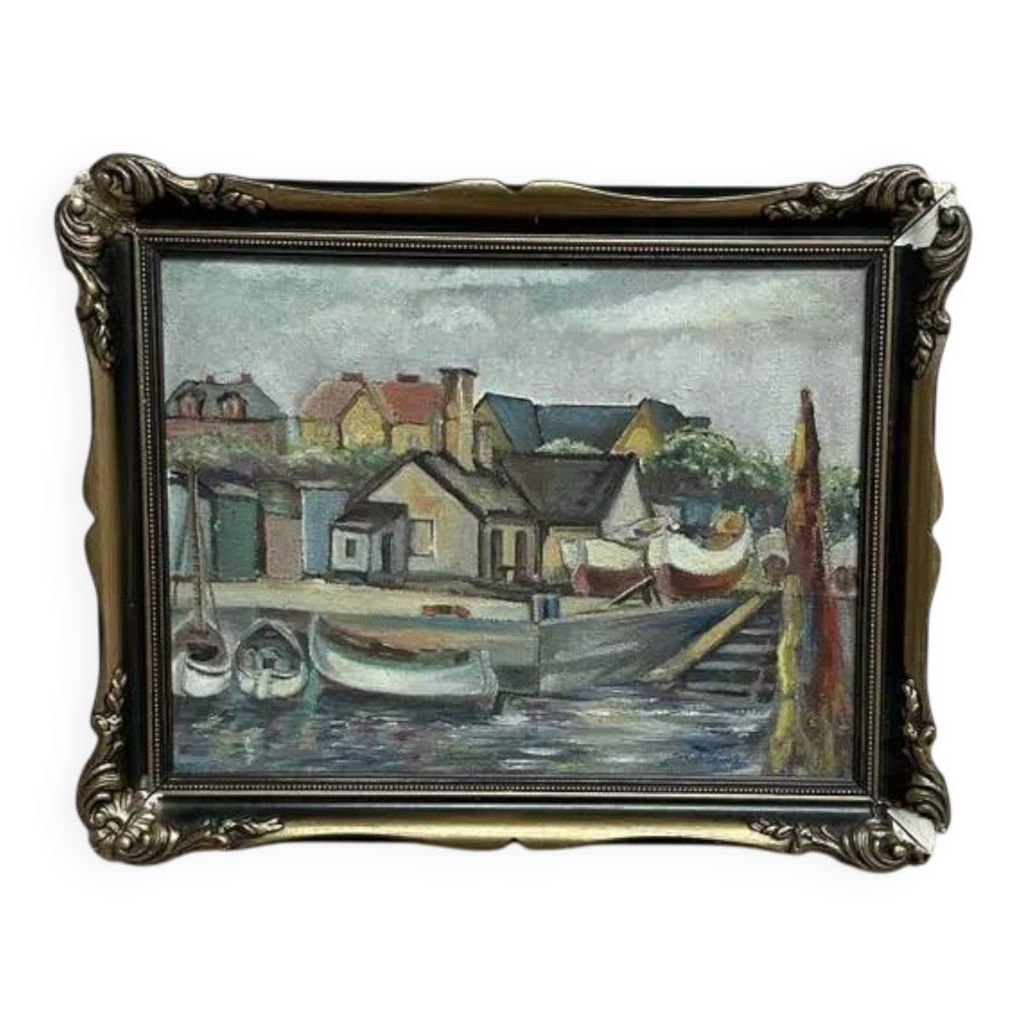 Original Swedish Oil on Panel – “Village and Harbour” by G. Fogler – Signed – Vintage & Framed – 49 × 39 cm (19.2" × 15.3")